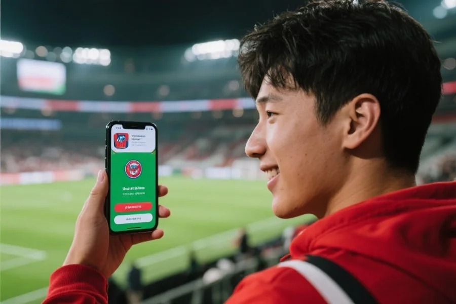 一位年轻体育迷收到手机推送通知，内容为所关注球队的比赛即将开始，神情专注并期待