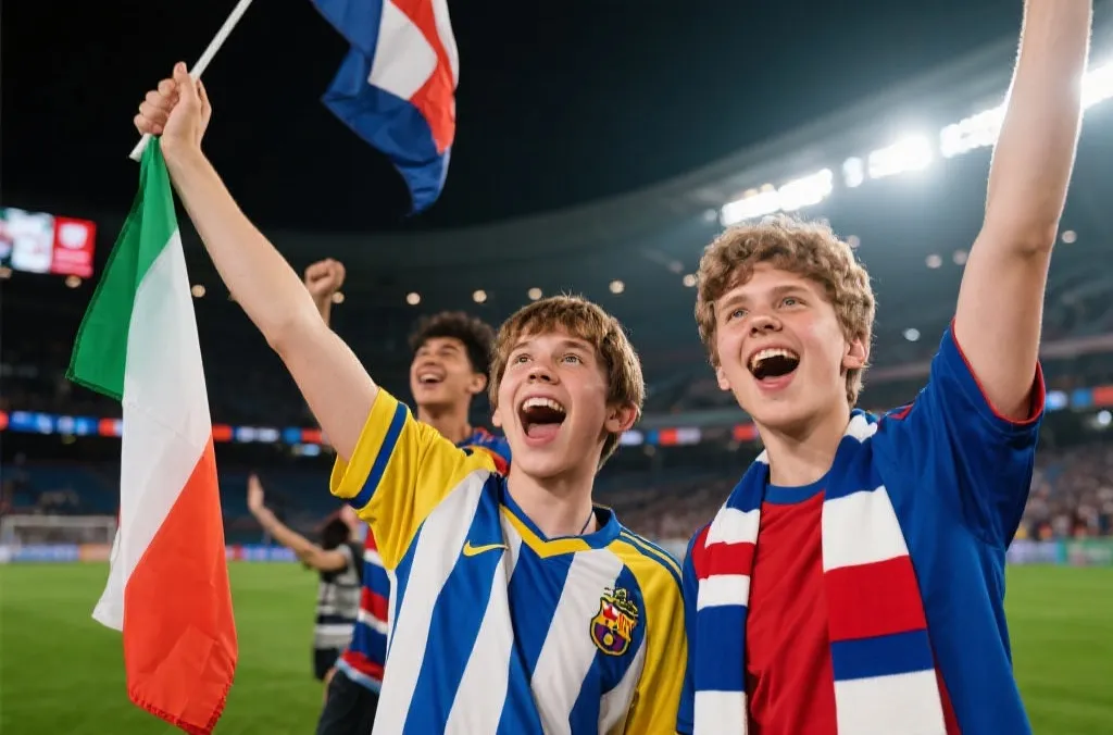 球迷身穿混合球队服装，热烈庆祝的场景